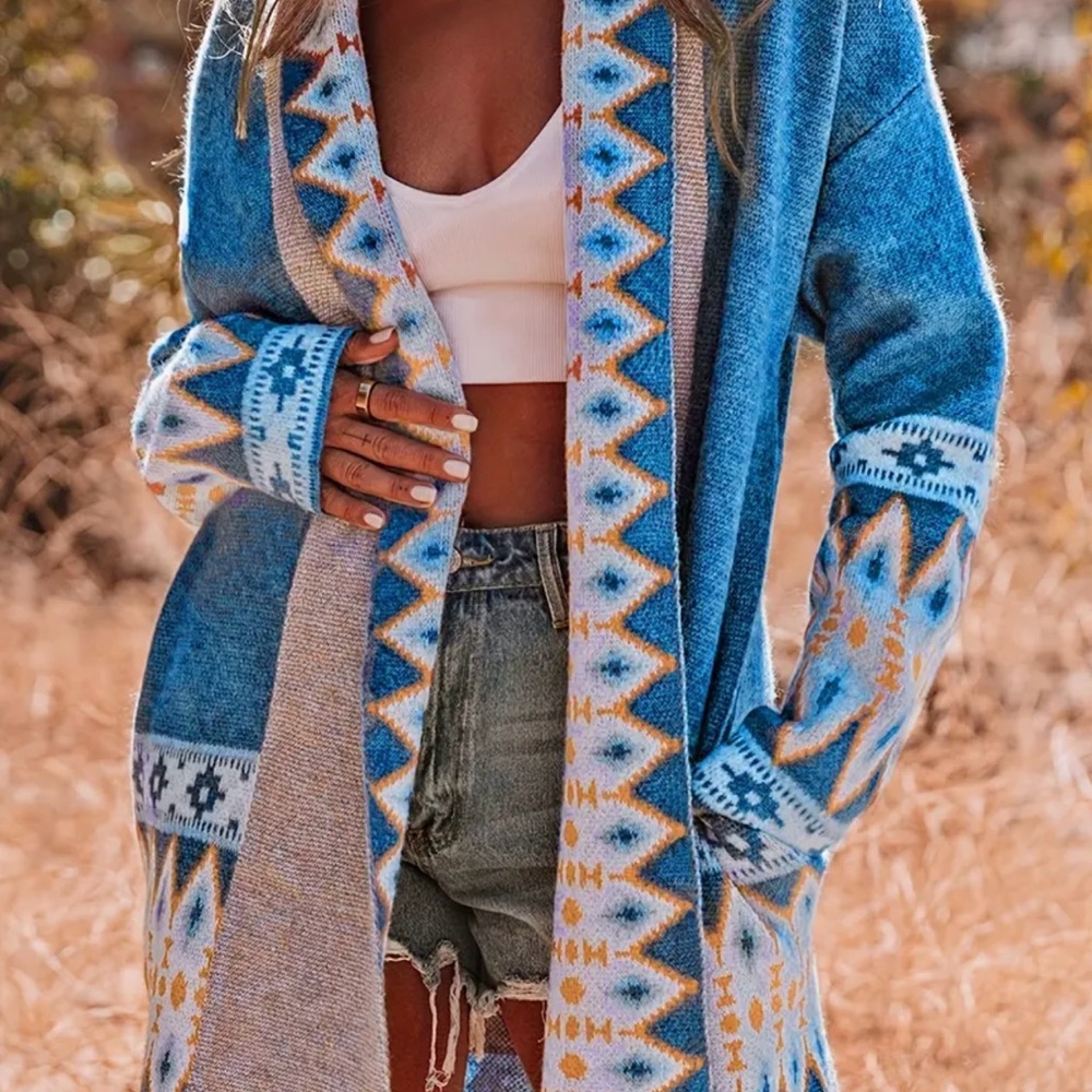 Women's Boho Tribal Cardigan Comfy Acrylic Knit Open Front Lapel Color Block